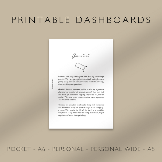 "Gemini" Zodiac Sign Personality - Printable Dashboards