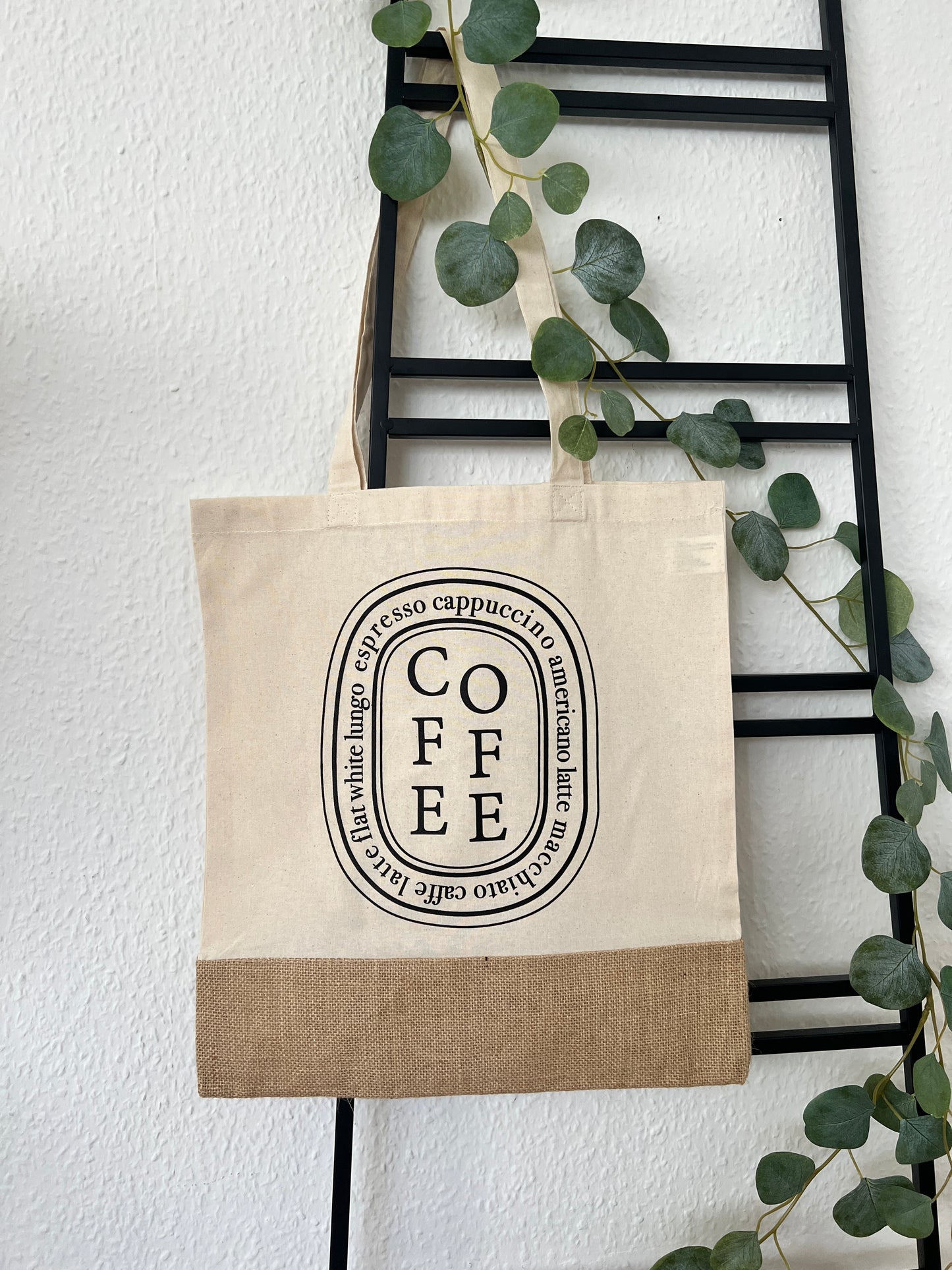„COFFEE“ Diptyque inspirierte Baumwoll-Einkaufstasche • Unterseite aus Baumwolle und Jute • Natur