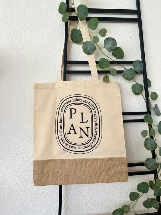 "PLAN" Diptyque Inspired Cotton Tote Bag • Cotton & Jute Bottom • Natural