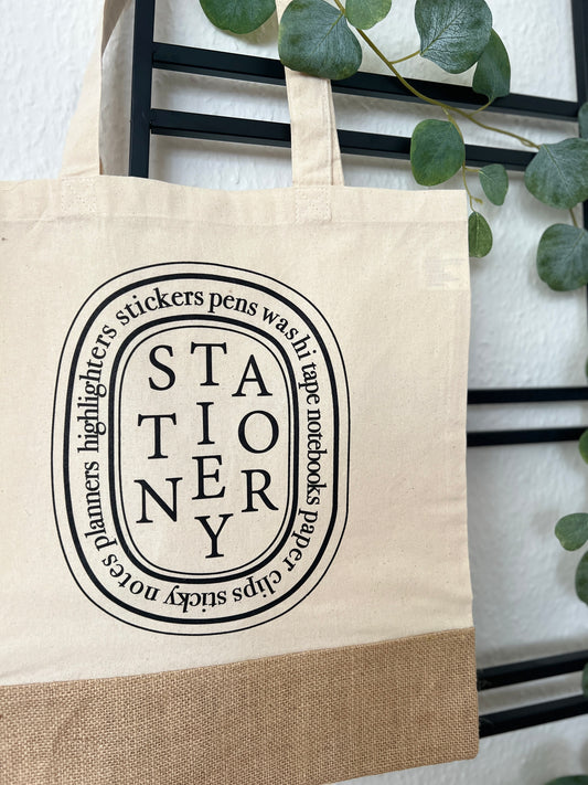 "STATIONERY" Diptyque Inspired Cotton Tote Bag • Cotton & Jute Bottom • Natural