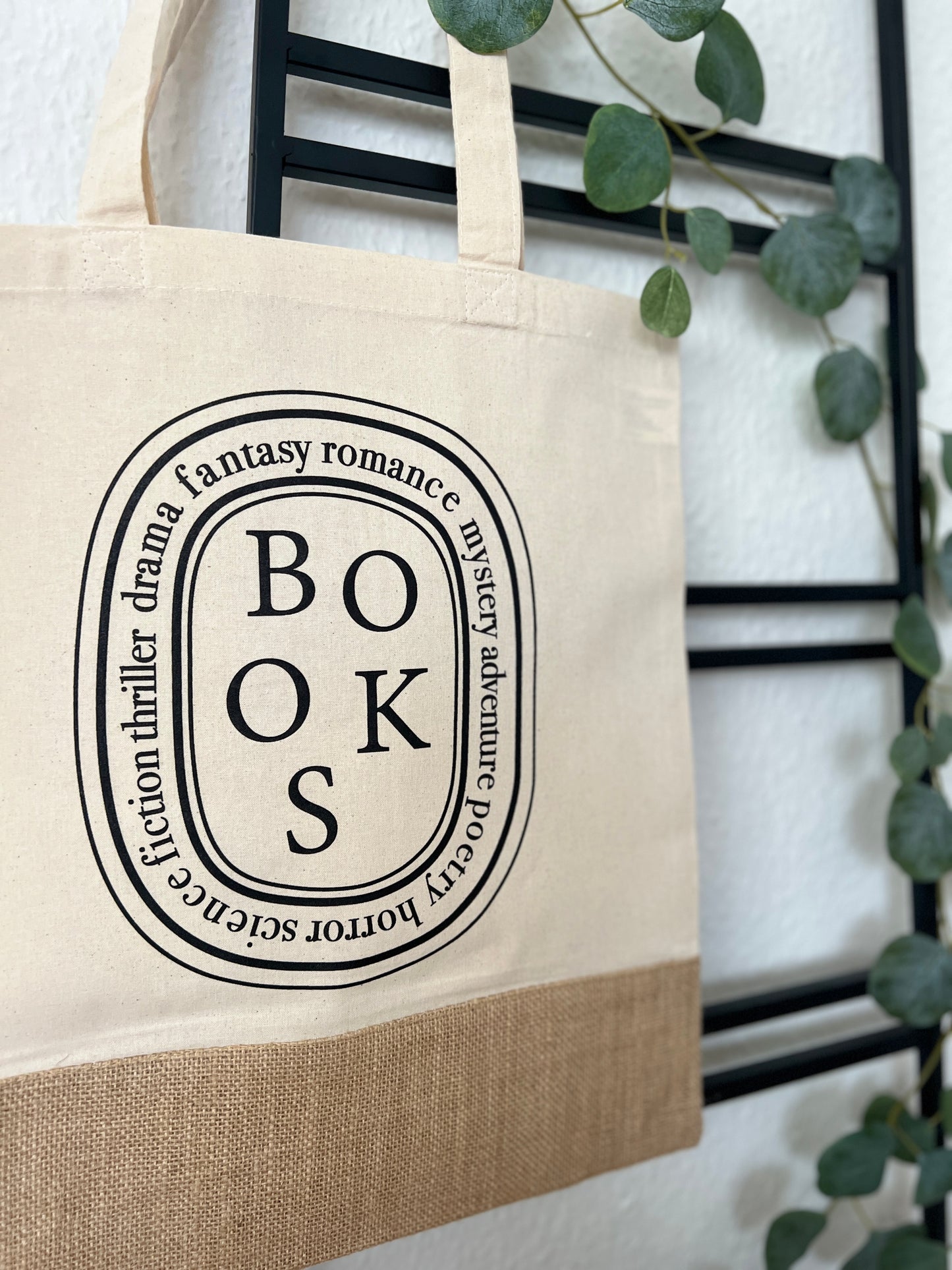 "BOOKS" Diptyque Inspired Cotton Tote Bag • Cotton & Jute Bottom • Natural