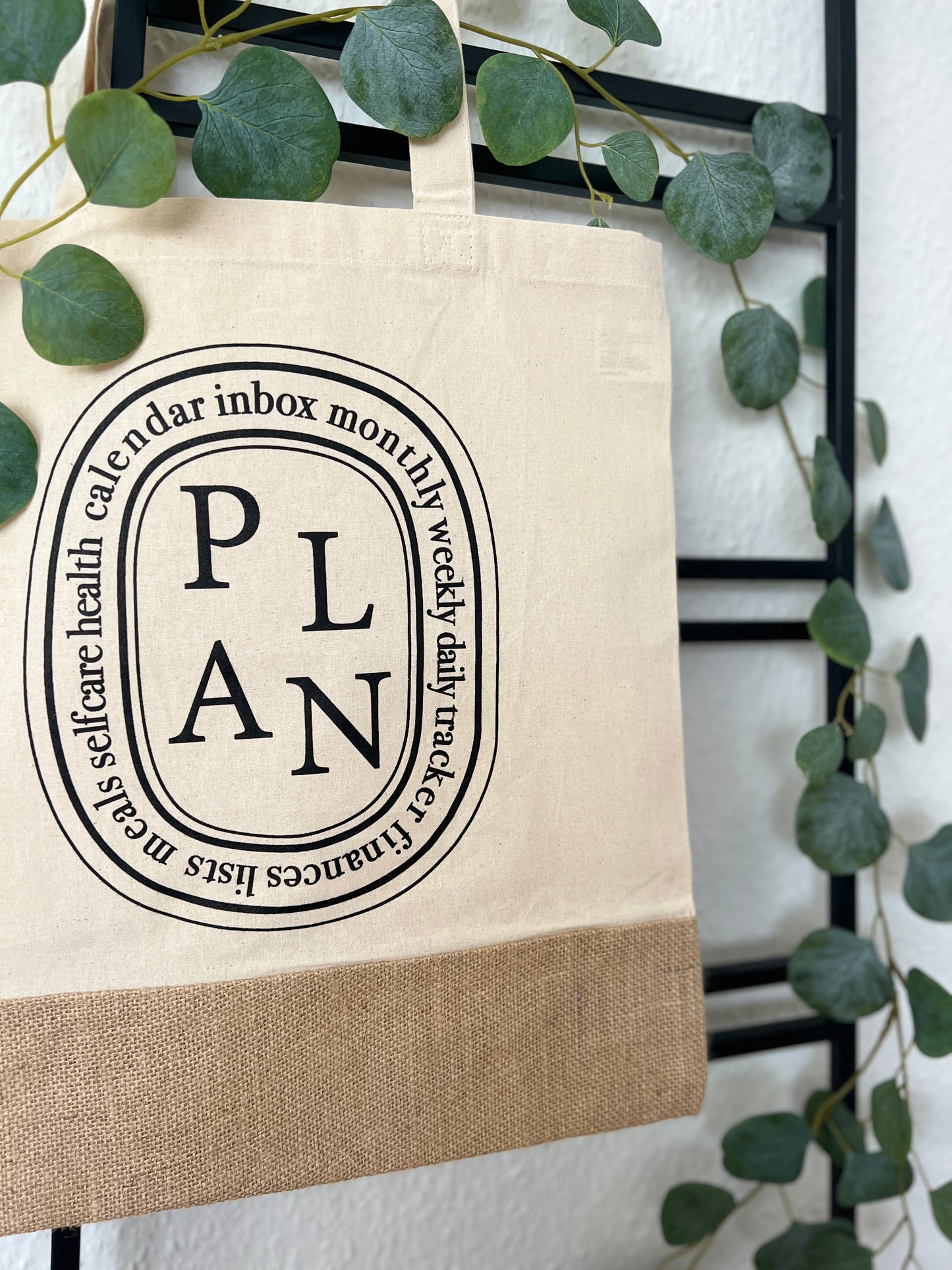 "PLAN" Diptyque Inspired Cotton Tote Bag • Cotton & Jute Bottom • Natural
