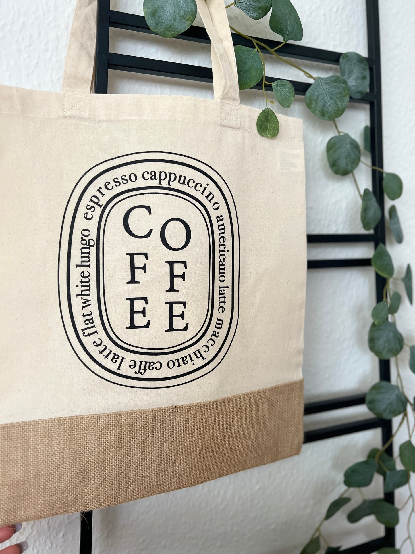 „COFFEE“ Diptyque inspirierte Baumwoll-Einkaufstasche • Unterseite aus Baumwolle und Jute • Natur