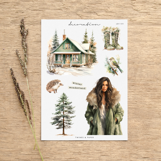 "Green Winter Cottage 1" • Planner Decoration Stickers • Transparent Matte/White Matte