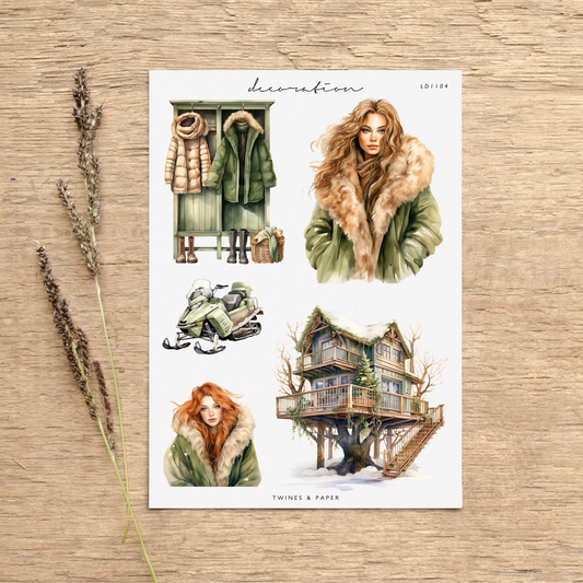 "Green Winter Cottage 4" • Planner Decoration Stickers • Transparent Matte/White Matte