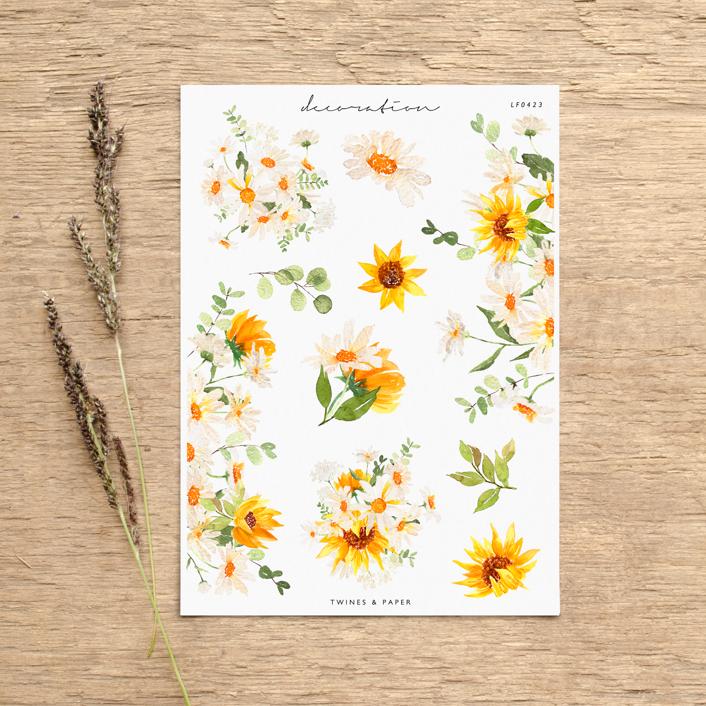 „Gänseblümchen- und Sonnenblumenblumen und Bordüren“ • Planer-Dekorationsaufkleber • Transparent matt/Weiß matt