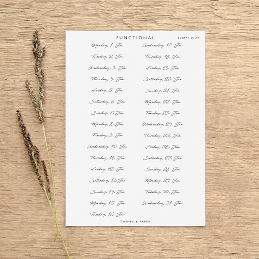 "Scripty Dated Day Stickers 2024" • Planner Functional Stickers • Transparent Matte/White Matte