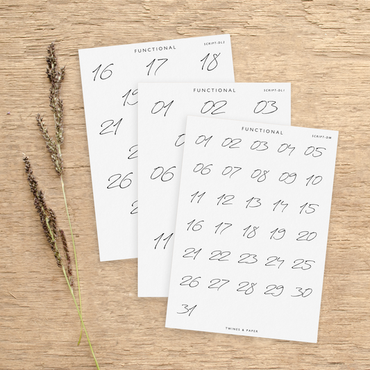 "Date Numbers Scripty" • Planner Functional Stickers • Transparent Matte/White Matte