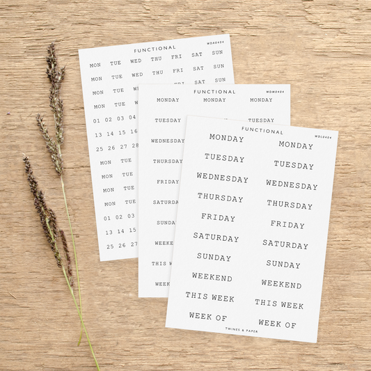 "Day Stickers Typewriter" • Planner Functional Stickers • Transparent Matte/White Matte