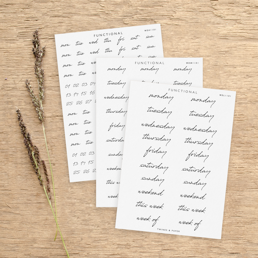"Day Stickers Scripty" • Planner Functional Stickers • Transparent Matte/White Matte