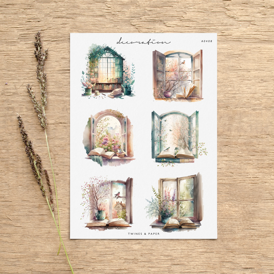 „Buchfensterlandschaft“ • Planer-Dekorationsaufkleber • Transparent Matt/Weiß Matt