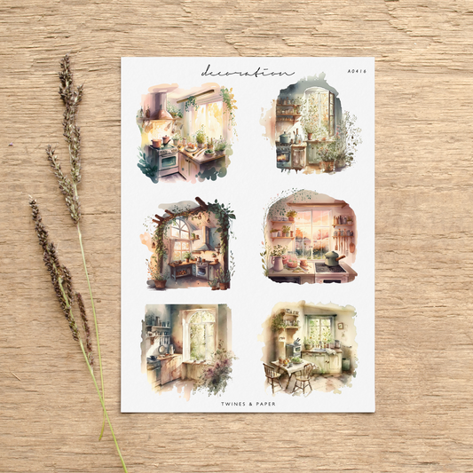 „Cottage Kitchen Scenery“ • Planer-Dekorationsaufkleber • Transparent Matt/Weiß Matt