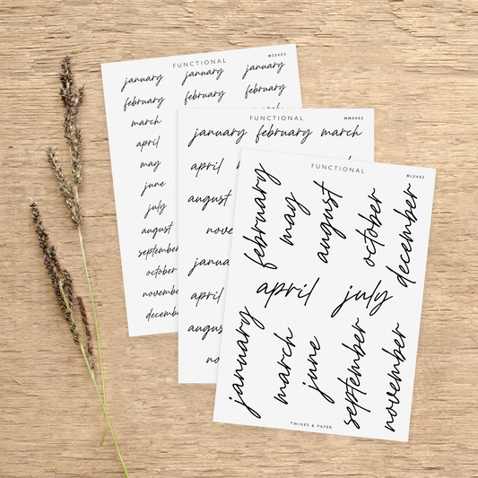 "Month Stickers Lettering" • Planner Functional Stickers • Transparent Matte/White Matte