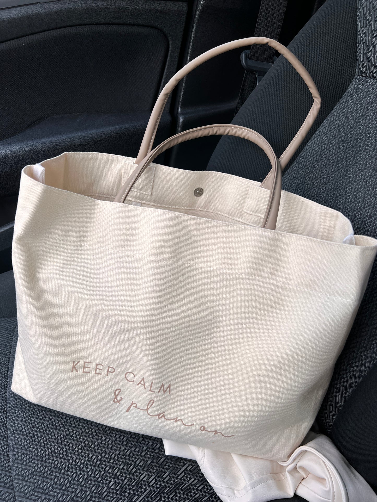 Canvas Tote Bag • Keep Calm & Plan On • PU Leather Handles