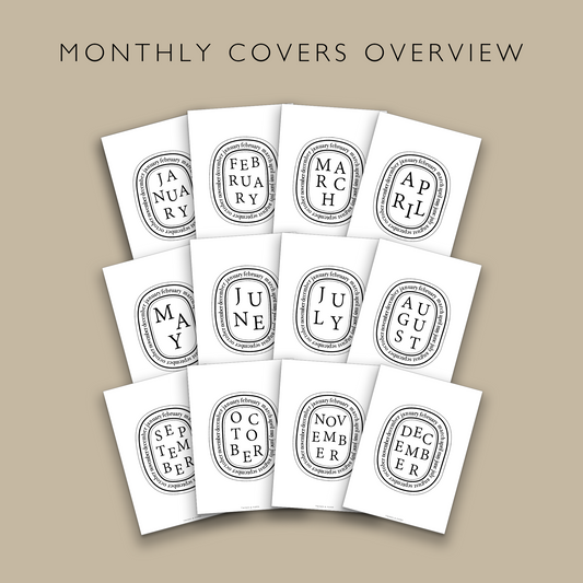 „Diptyque Inspired Monthly Covers“ Druckbare Dashboards 12 Dashboards
