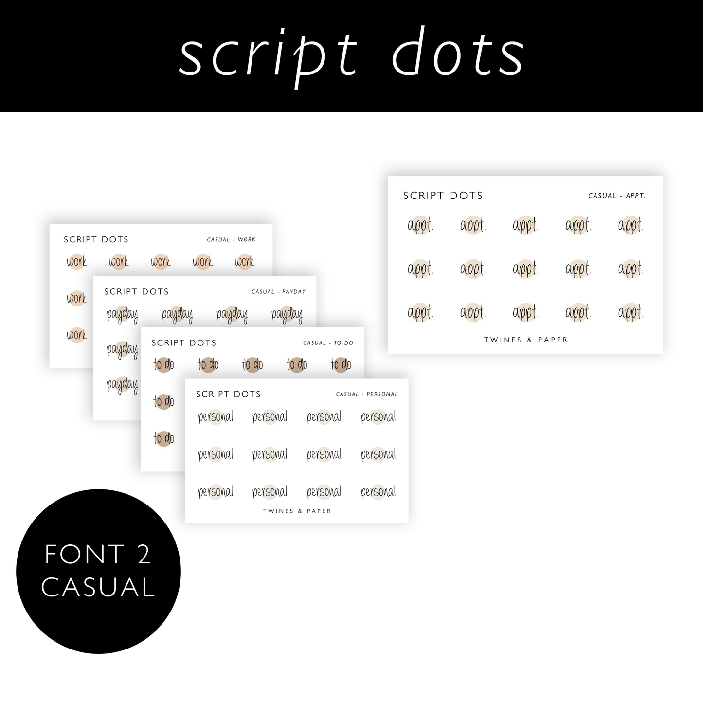 Script Dots-Aufkleber • LÄSSIG • Visitenkartengröße • Transparent matt