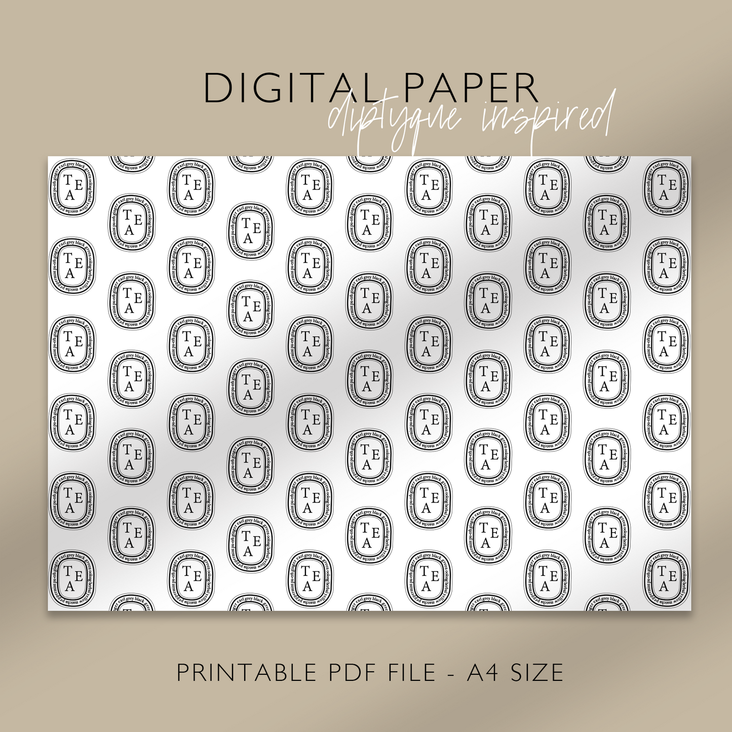 "TEA" Diptyque Inspired Digital Paper, Printable A4 Sheet