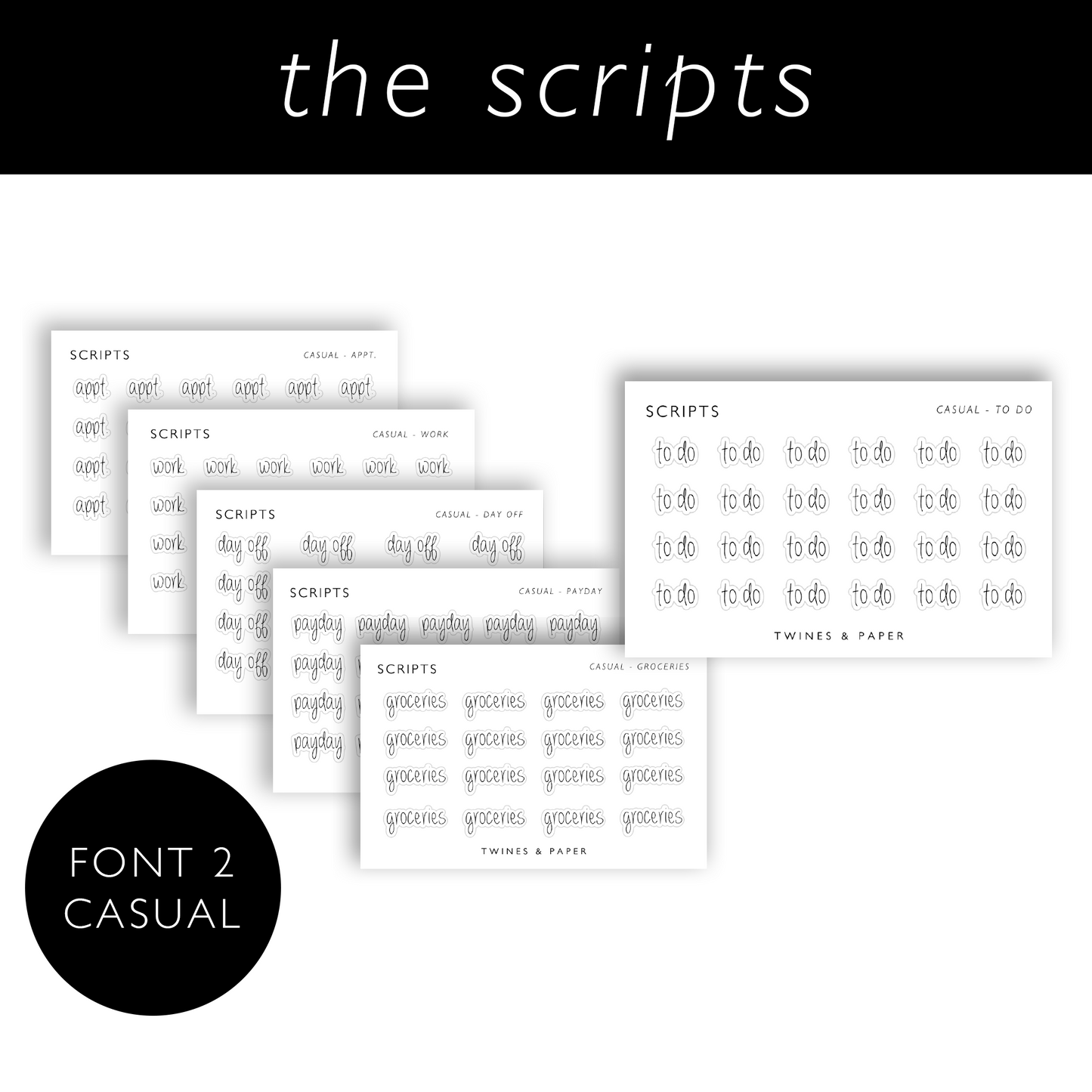 Script Stickers • CASUAL • Business Card Size • Transparent Matte/White Matte