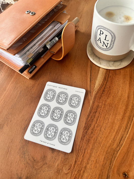 "CHOCOLATE" Diptyque Inspired Stickers • White or Transparent Matte