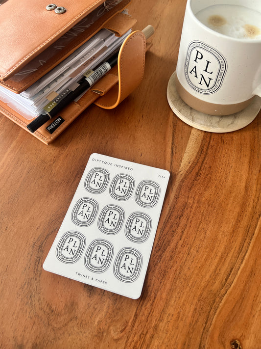 "PLAN" Diptyque Inspired Stickers • White or Transparent Matte