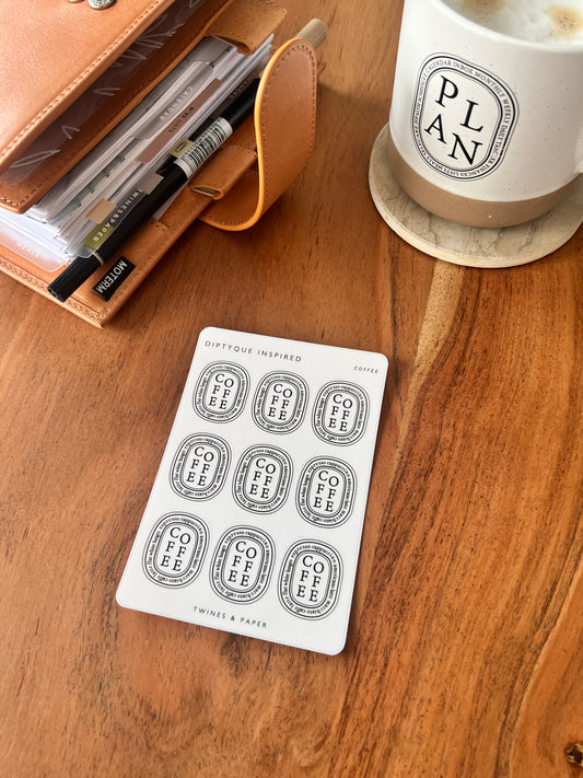 "COFFEE" Diptyque Inspired Stickers • White or Transparent Matte